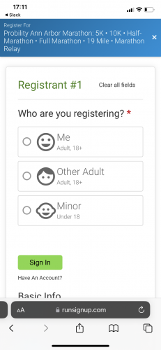 Eksempel på mobilregistreringsskjema Runsignup