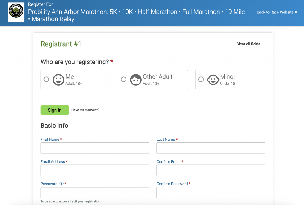 Eksempel på registreringsskjema for Runsignup